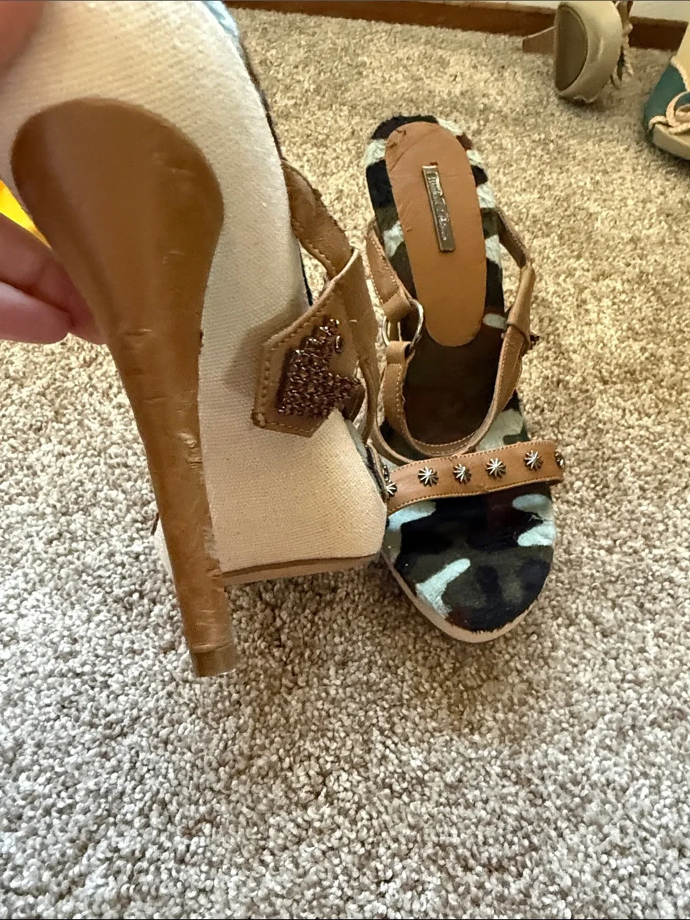 Studded Camouflage Slingback Heels in Tan